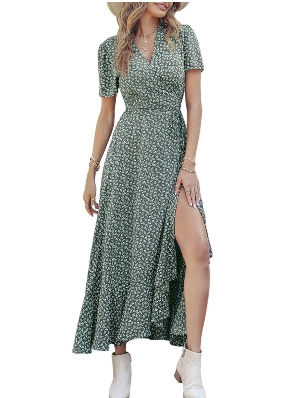 Green Floral Wrap Maxi Dress with Short Sleeves